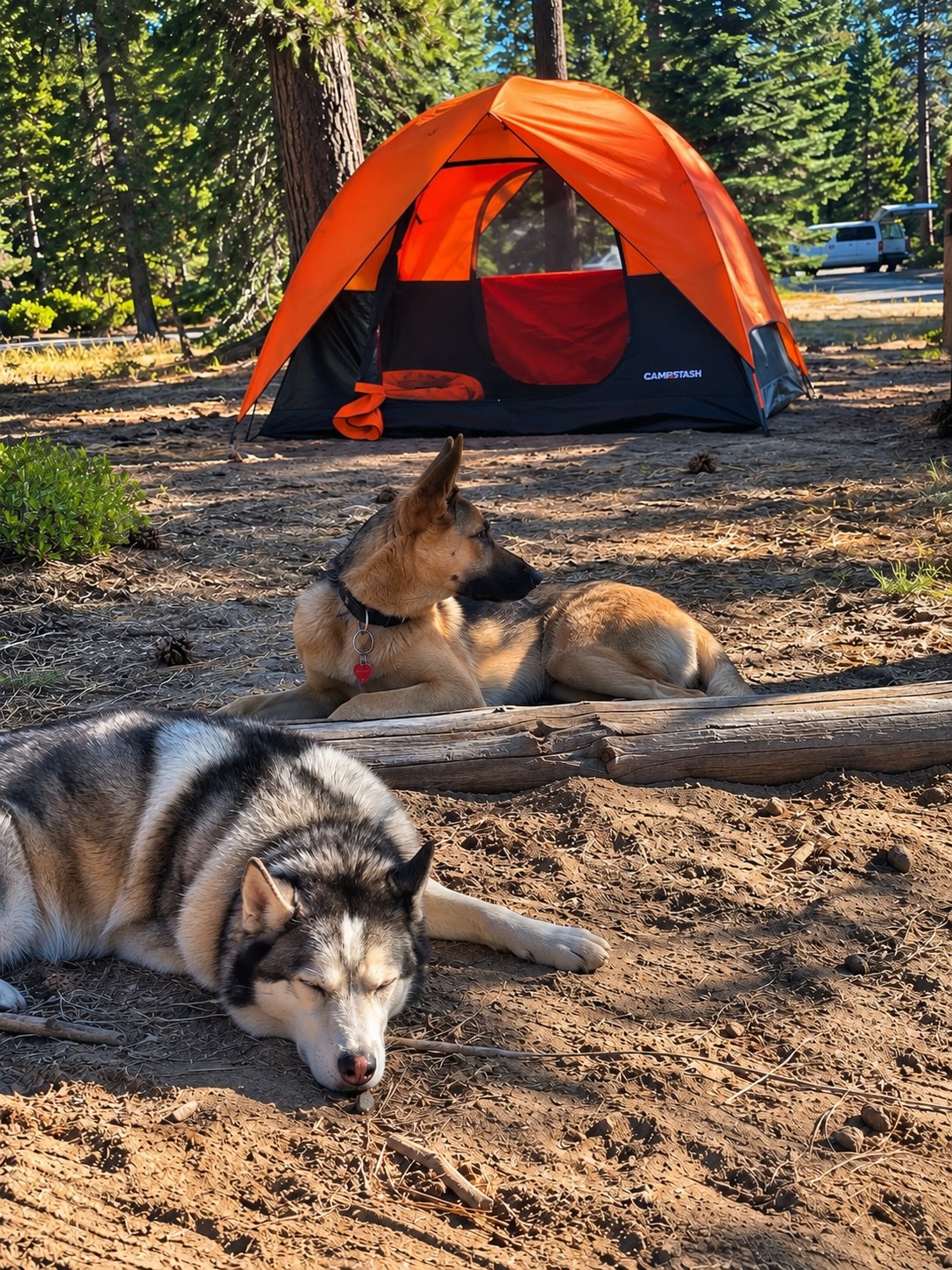 Andy M.'s Campstash Tent at a California campsite with two dogs resting nearby