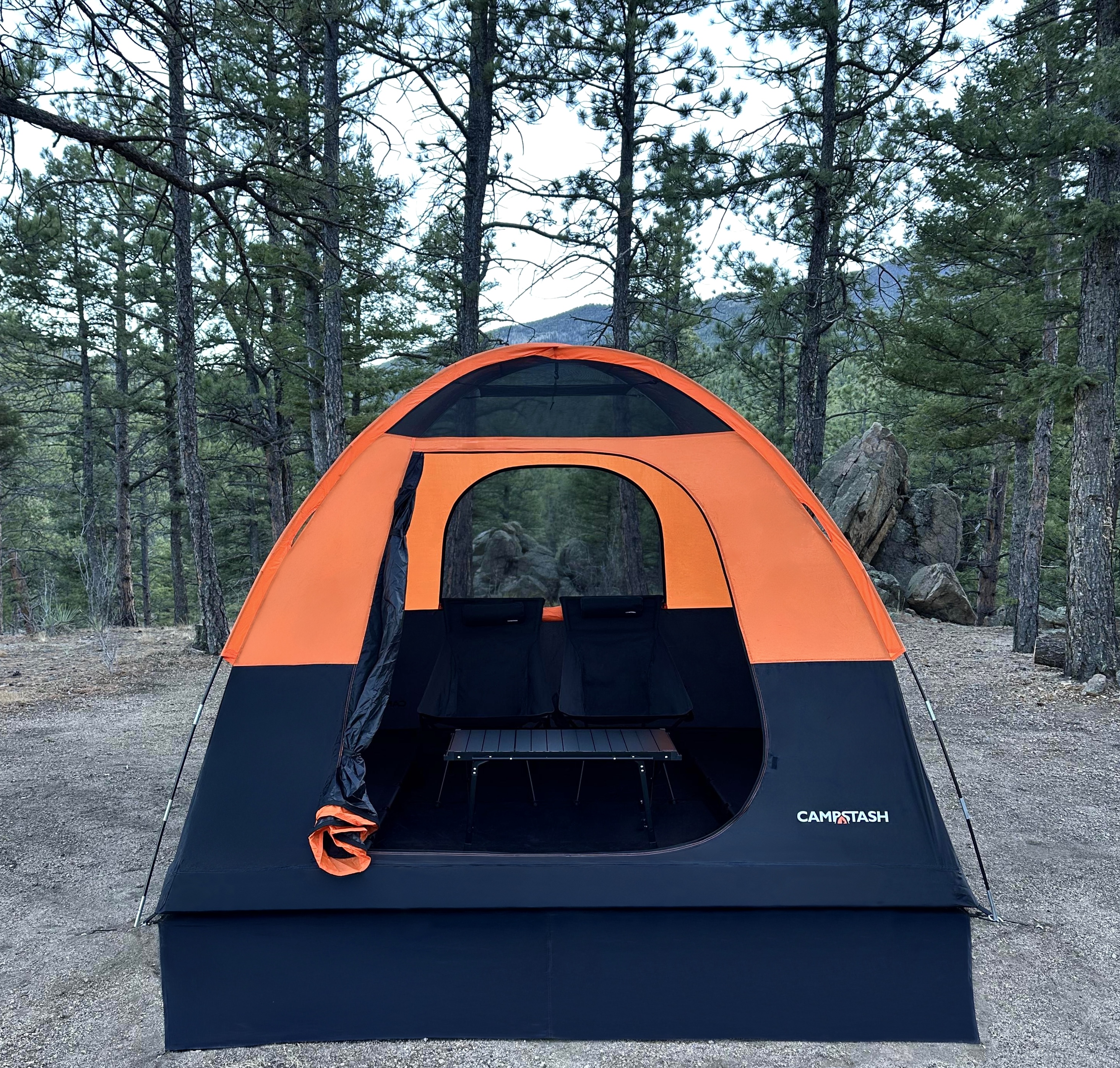 Campstash tent front setup in the forest