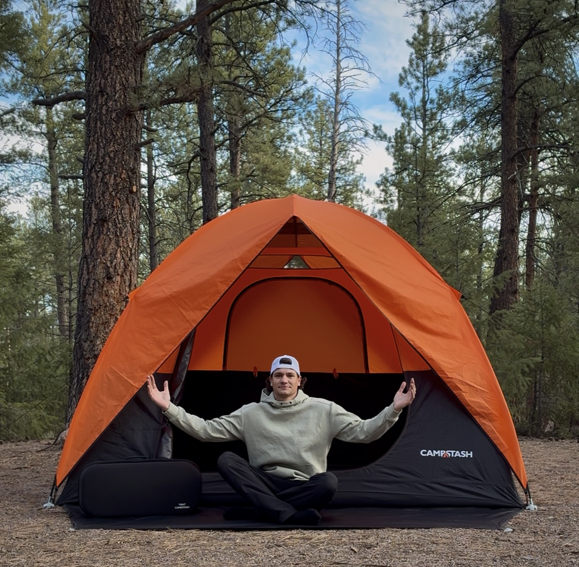 Person inside Campstash tent showing interior scale
