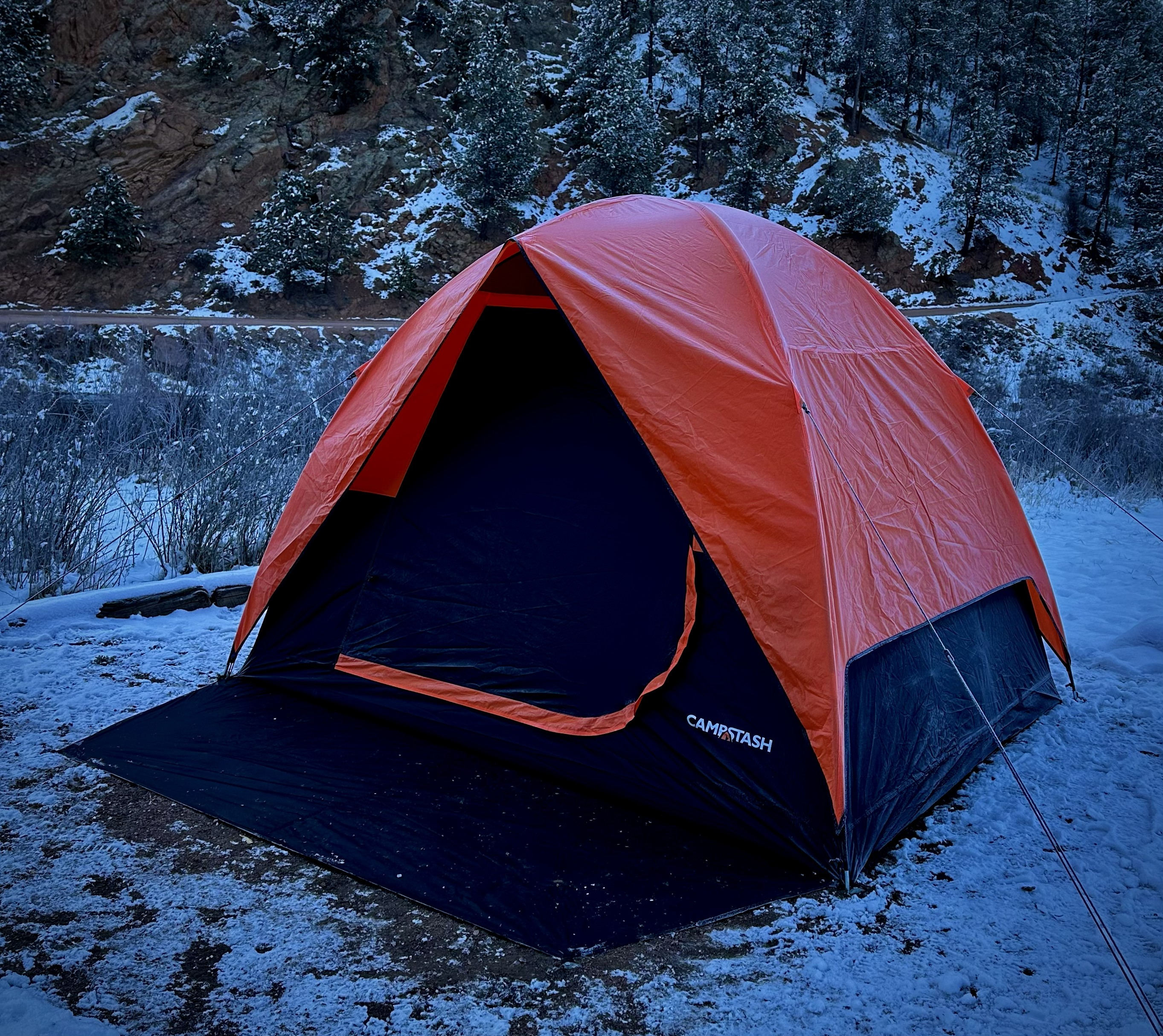 Campstash tent set up in snowy 3-season camping conditions