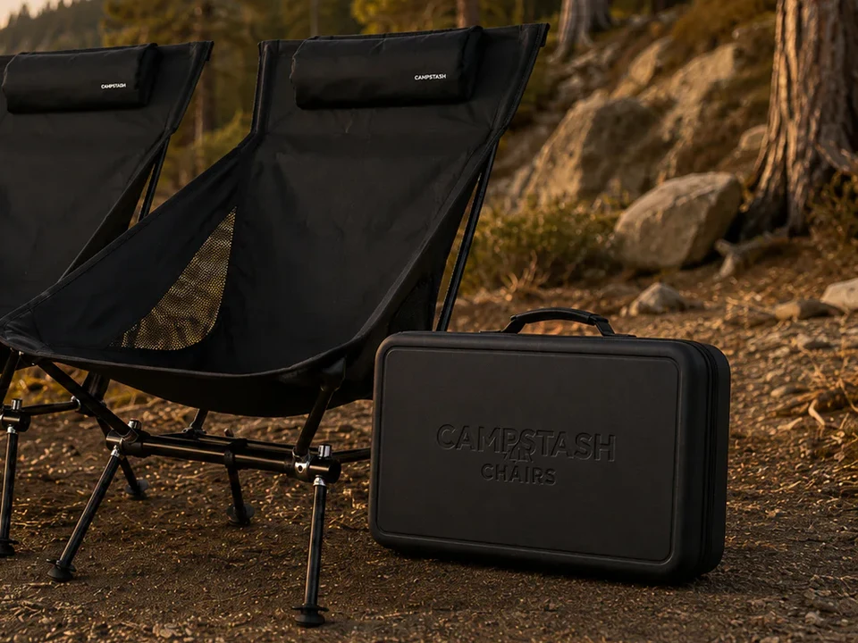 Latest structured Campstash Chair Kit carrying case beside the production chairs