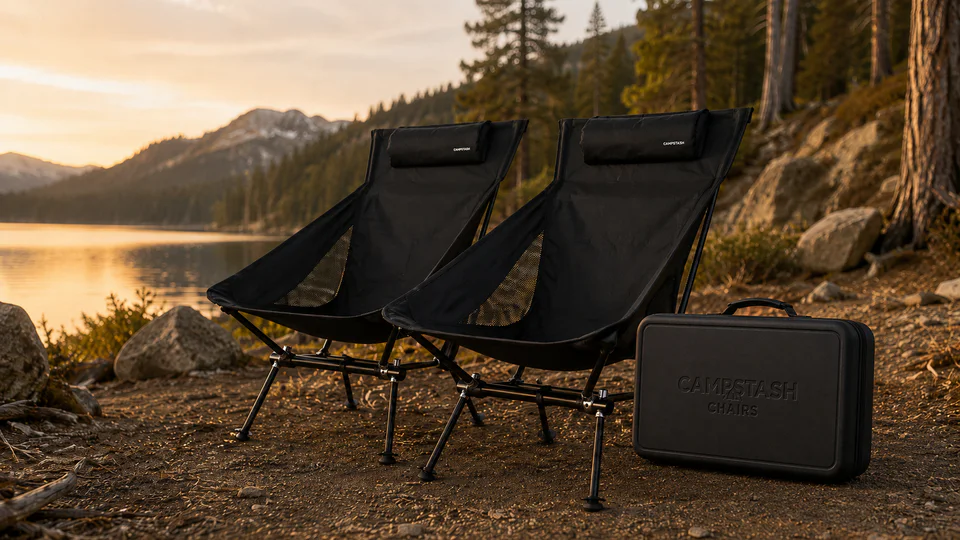 Two Campstash Chair Kit chairs beside the latest structured carrying case