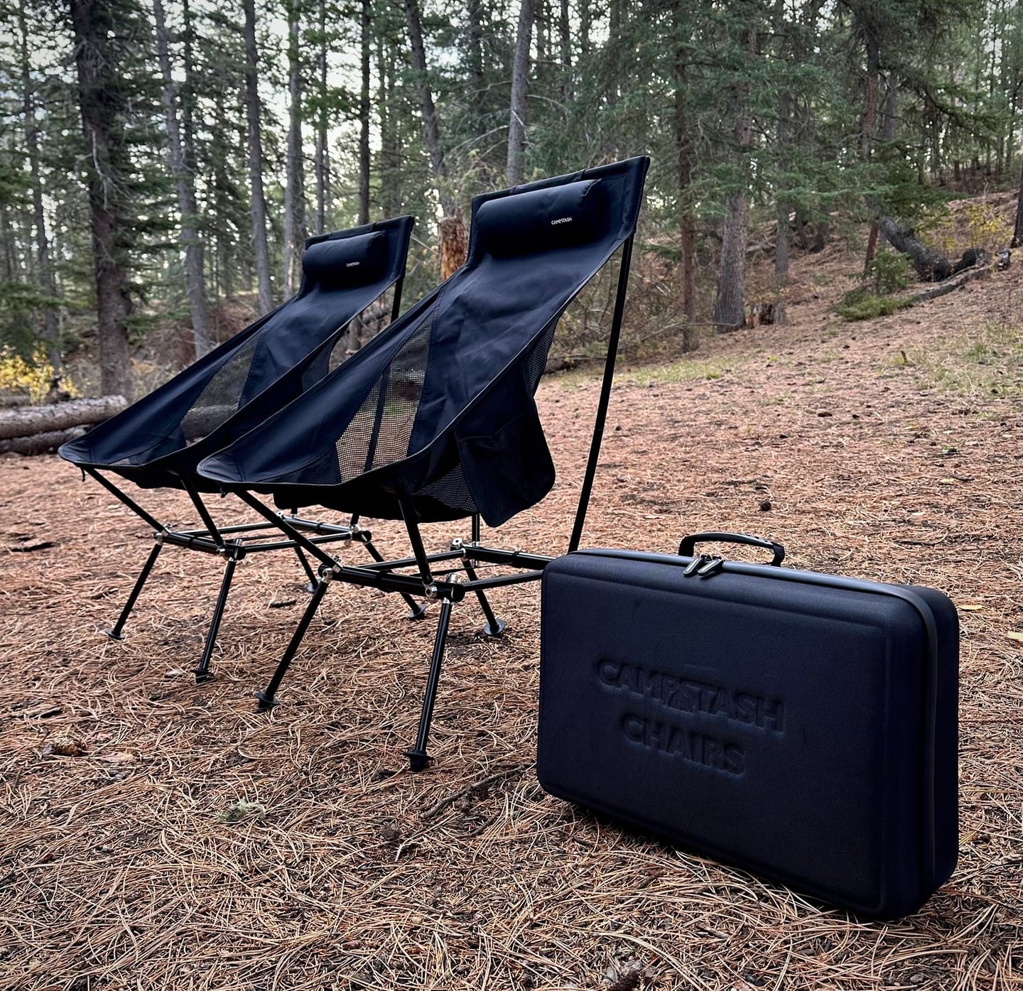 Two Campstash chairs and their structured carrying case